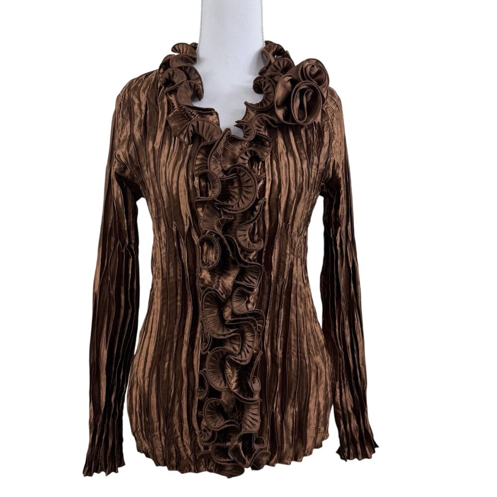 Y2K Ruffled Accordion Pleated Toffee Apple Blouse Small Metallic Brown Whimsical